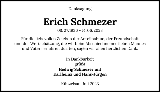 Traueranzeige von Erich Schmezer von GESAMT