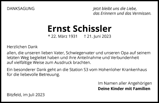 Traueranzeige von Ernst Schissler von GESAMT