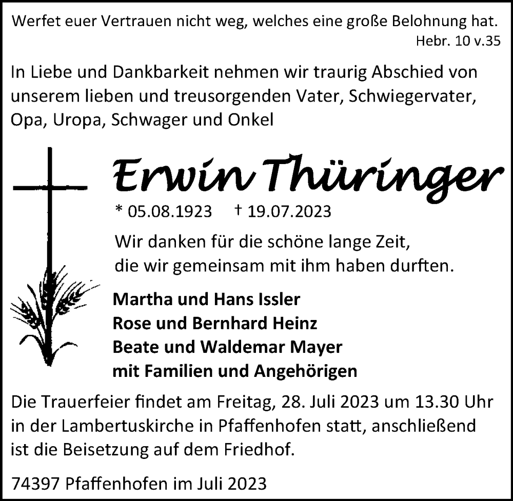  Traueranzeige für Erwin Thüringer vom 25.07.2023 aus GESAMT