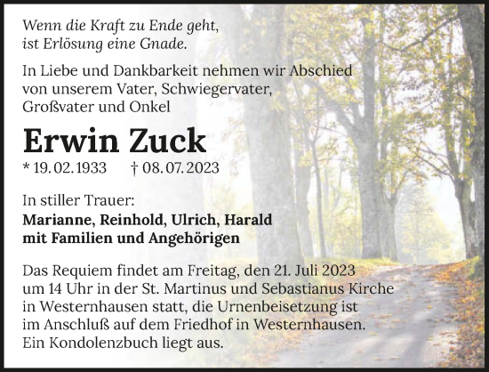 Traueranzeige von Erwin Zuck von GESAMT