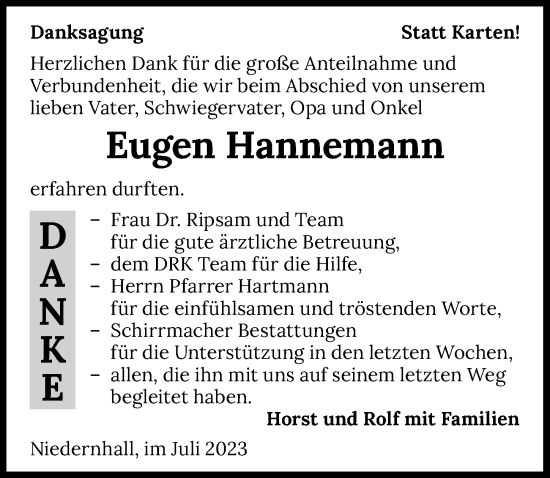 Traueranzeige von Eugen Hannemann von GESAMT