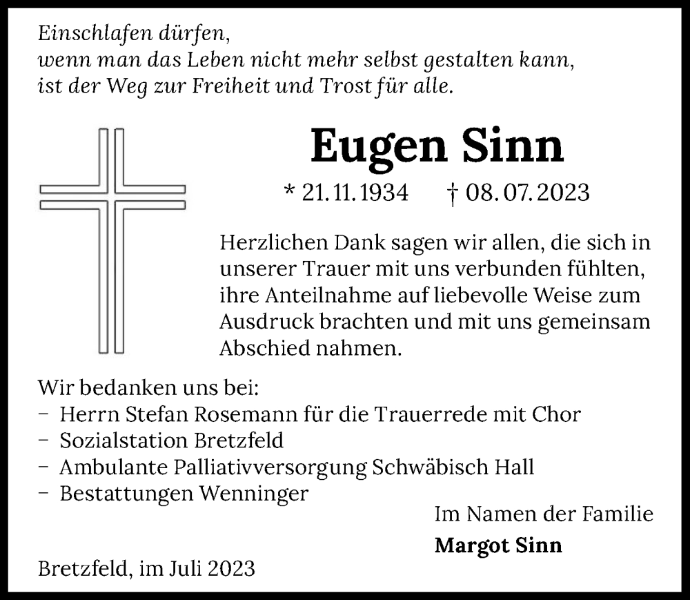  Traueranzeige für Eugen Sinn vom 29.07.2023 aus GESAMT