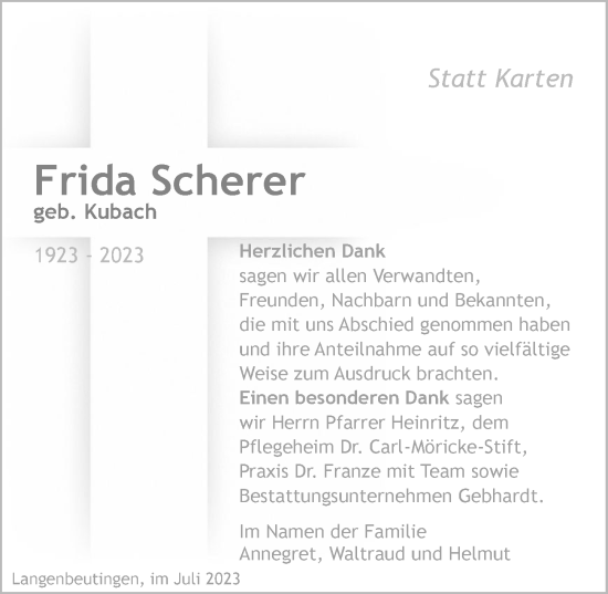 Traueranzeige von Frida Scherer von GESAMT