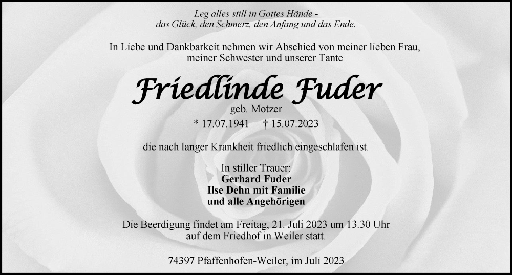  Traueranzeige für Friedlinde Fuder vom 19.07.2023 aus GESAMT