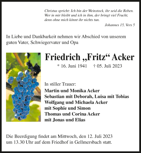 Traueranzeige von Friedrich Acker von GESAMT