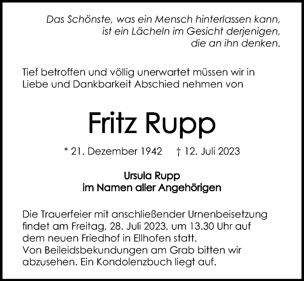  Traueranzeige für Fritz Rupp vom 22.07.2023 aus GESAMT