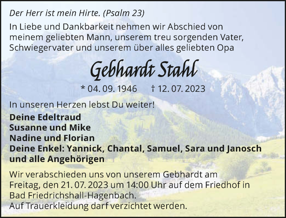  Traueranzeige für Gebhardt Stahl vom 15.07.2023 aus GESAMT