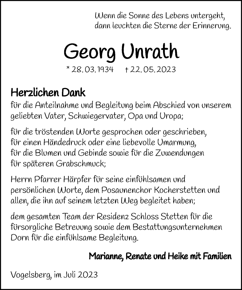  Traueranzeige für Georg Unrath vom 08.07.2023 aus GESAMT