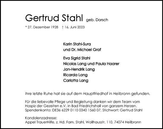 Traueranzeige von Gertrud Stahl von GESAMT