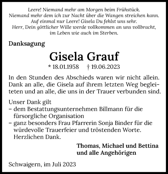 Traueranzeige von Gisela Grauf von GESAMT