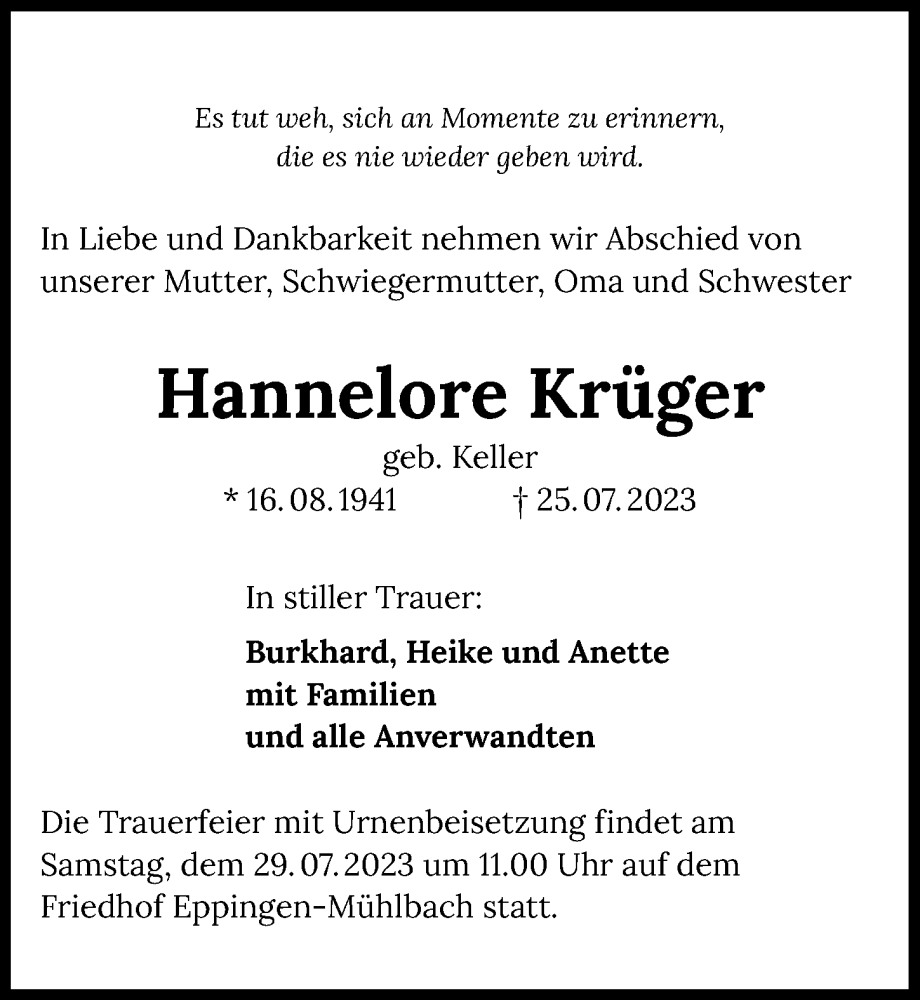 Traueranzeige für Hannelore Krüger vom 28.07.2023 aus GESAMT