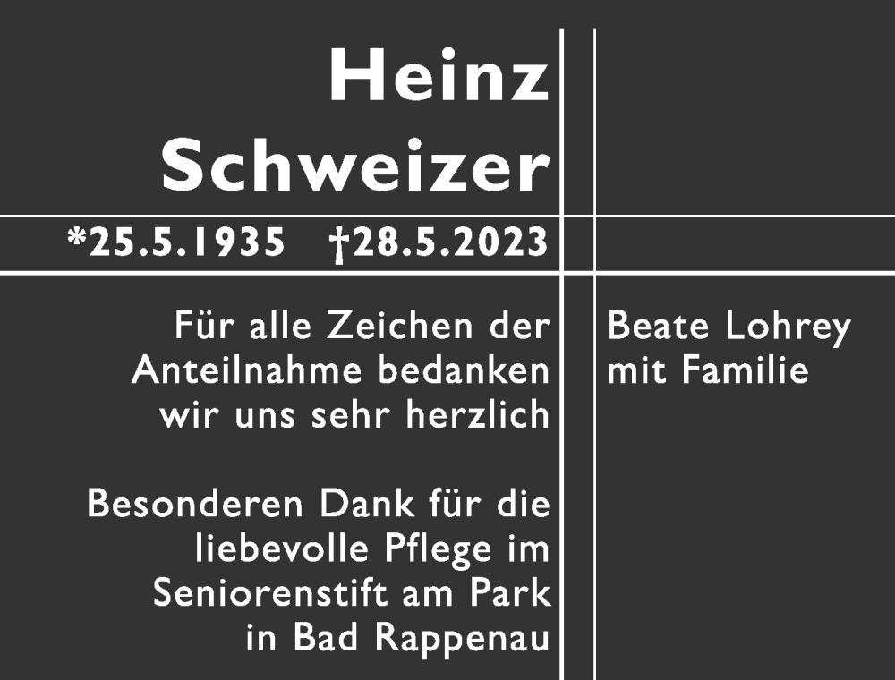  Traueranzeige für Heinz Schweizer vom 01.07.2023 aus GESAMT