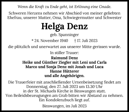 Traueranzeige von Helga Denz von GESAMT