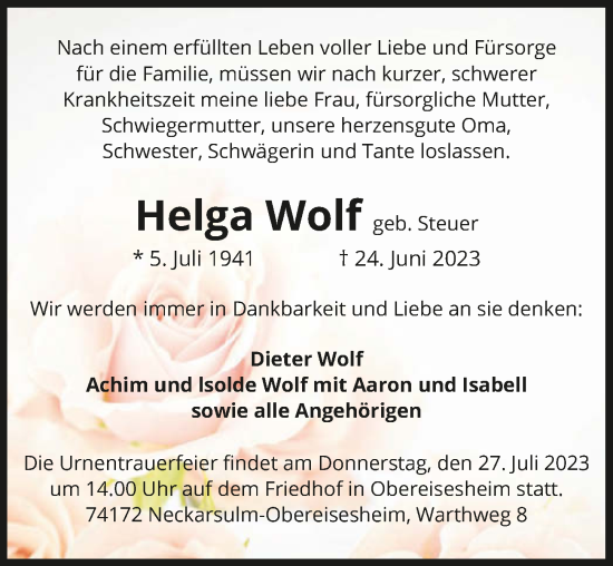 Traueranzeige von Helga Wolf von GESAMT