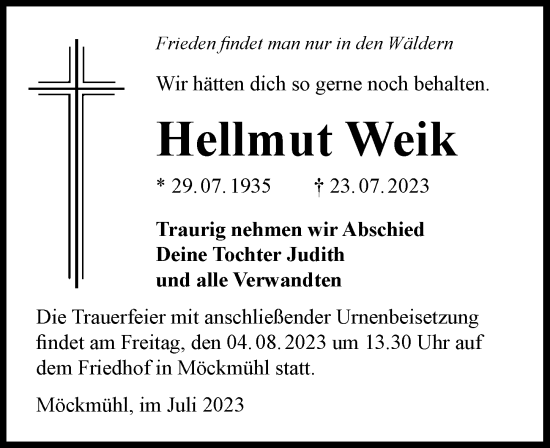 Traueranzeige von Hellmut Weik von GESAMT