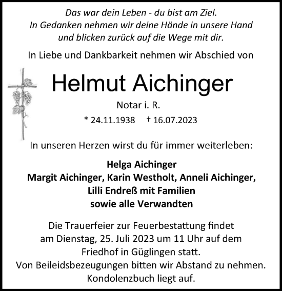 Traueranzeige von Helmut Aichinger von GESAMT
