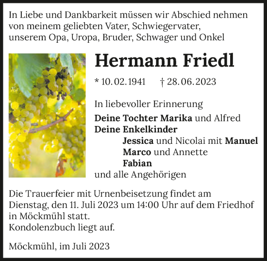 Traueranzeige von Hermann Friedl von GESAMT