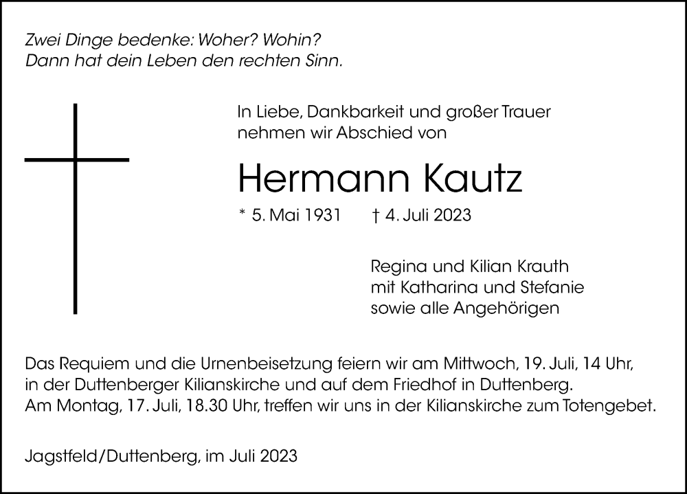  Traueranzeige für Hermann Kautz vom 15.07.2023 aus GESAMT