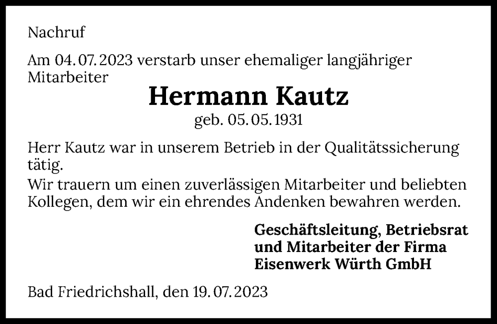  Traueranzeige für Hermann Kautz vom 22.07.2023 aus GESAMT