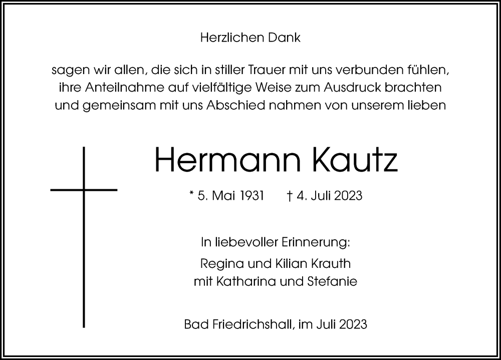  Traueranzeige für Hermann Kautz vom 29.07.2023 aus GESAMT