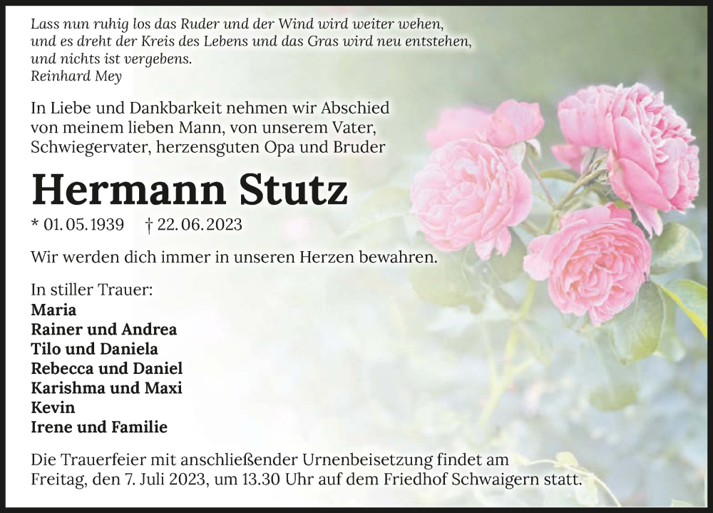 Traueranzeige für Hermann Stutz vom 01.07.2023 aus GESAMT