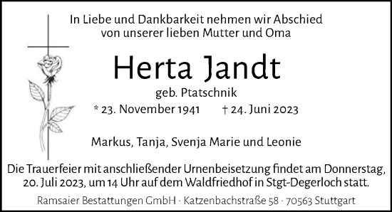 Traueranzeige von Herta Jandt von GESAMT