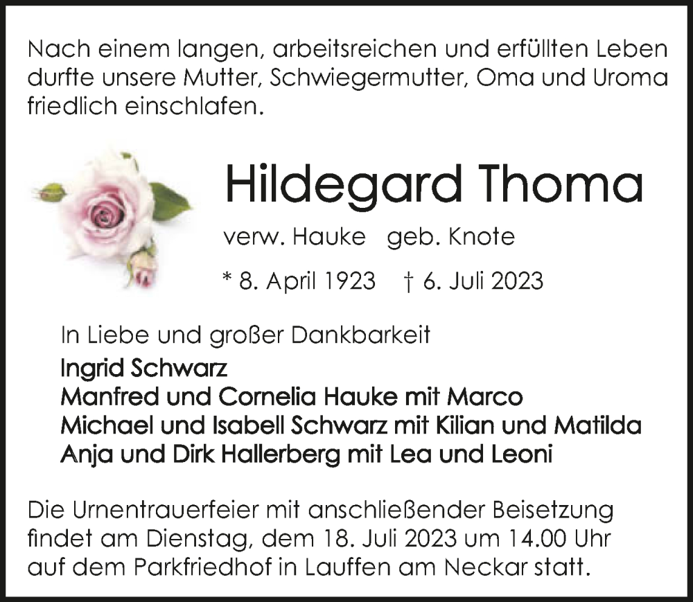  Traueranzeige für Hildegard Thoma vom 15.07.2023 aus GESAMT