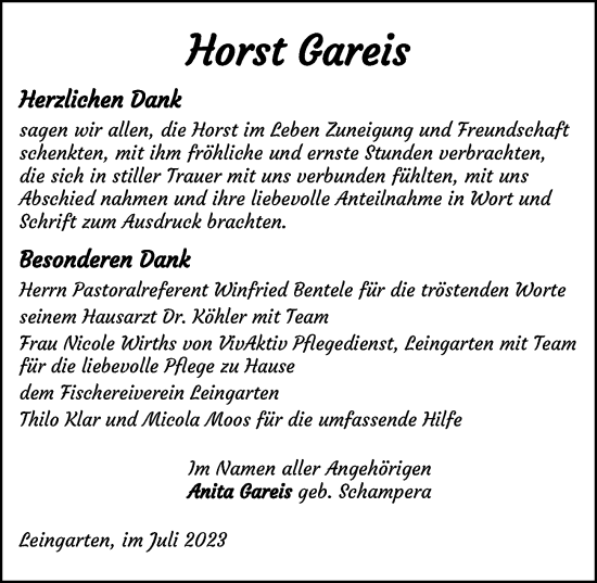 Traueranzeige von Horst Gareis von GESAMT