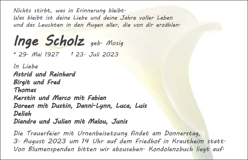  Traueranzeige für Inge Scholz vom 29.07.2023 aus GESAMT