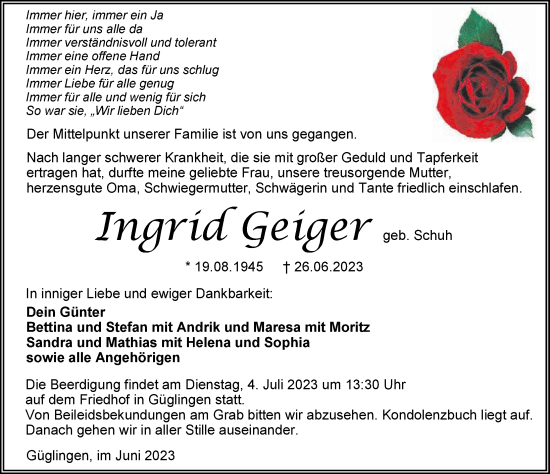 Traueranzeige von Ingrid Geiger von GESAMT