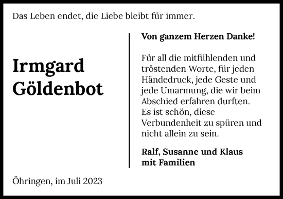 Traueranzeige von Irmgard Göldenbot von GESAMT