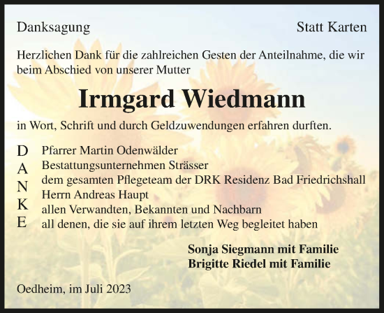 Traueranzeige von Irmgard Wiedmann von GESAMT