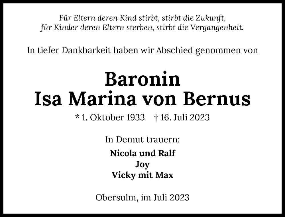  Traueranzeige für Isa Marina von Bernus vom 22.07.2023 aus GESAMT