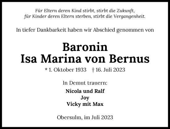 Traueranzeige von Isa Marina von Bernus von GESAMT