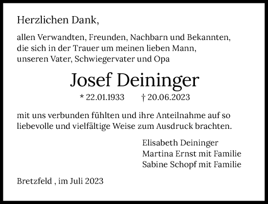 Traueranzeige von Josef Deininger von GESAMT
