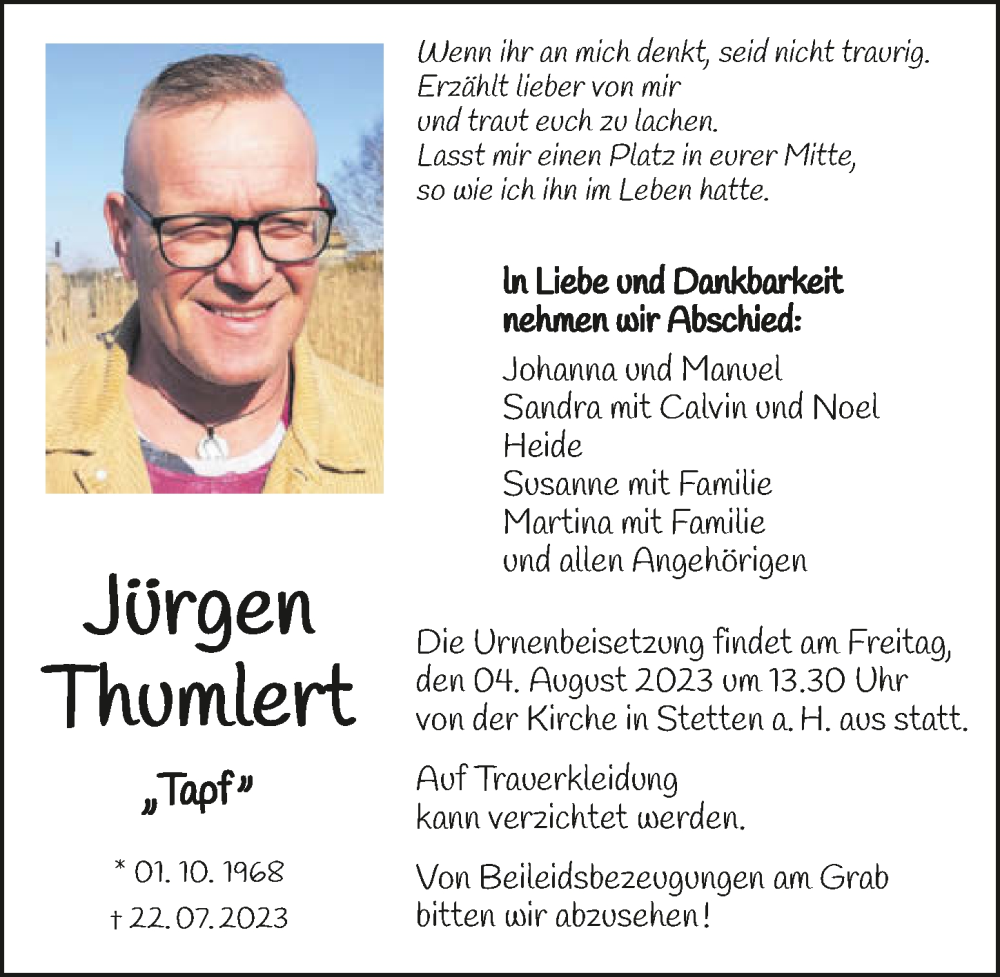  Traueranzeige für Jürgen Thumlert vom 29.07.2023 aus GESAMT