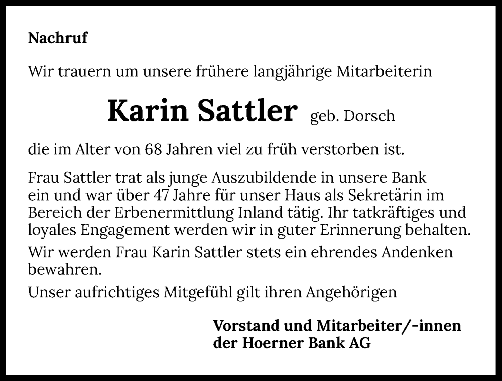 Traueranzeige für Karin Sattler vom 15.07.2023 aus GESAMT
