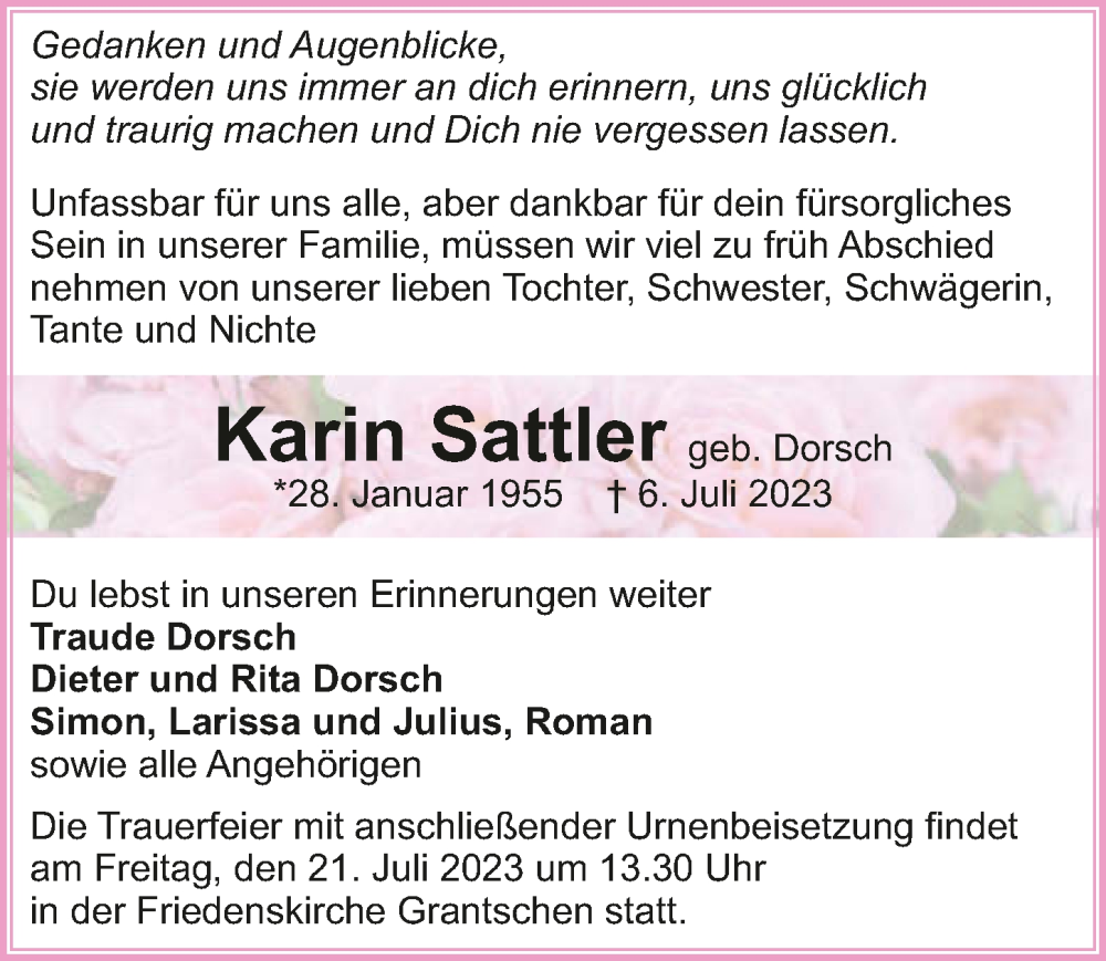  Traueranzeige für Karin Sattler vom 15.07.2023 aus GESAMT