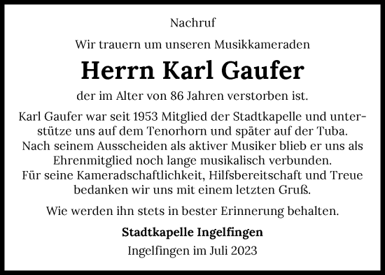 Traueranzeige von Karl Gaufer von GESAMT