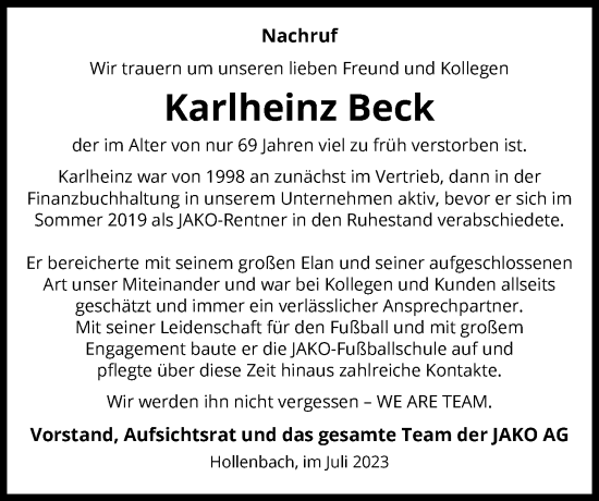 Traueranzeige von Karlheinz Beck von GESAMT