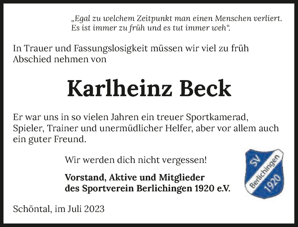  Traueranzeige für Karlheinz Beck vom 25.07.2023 aus GESAMT