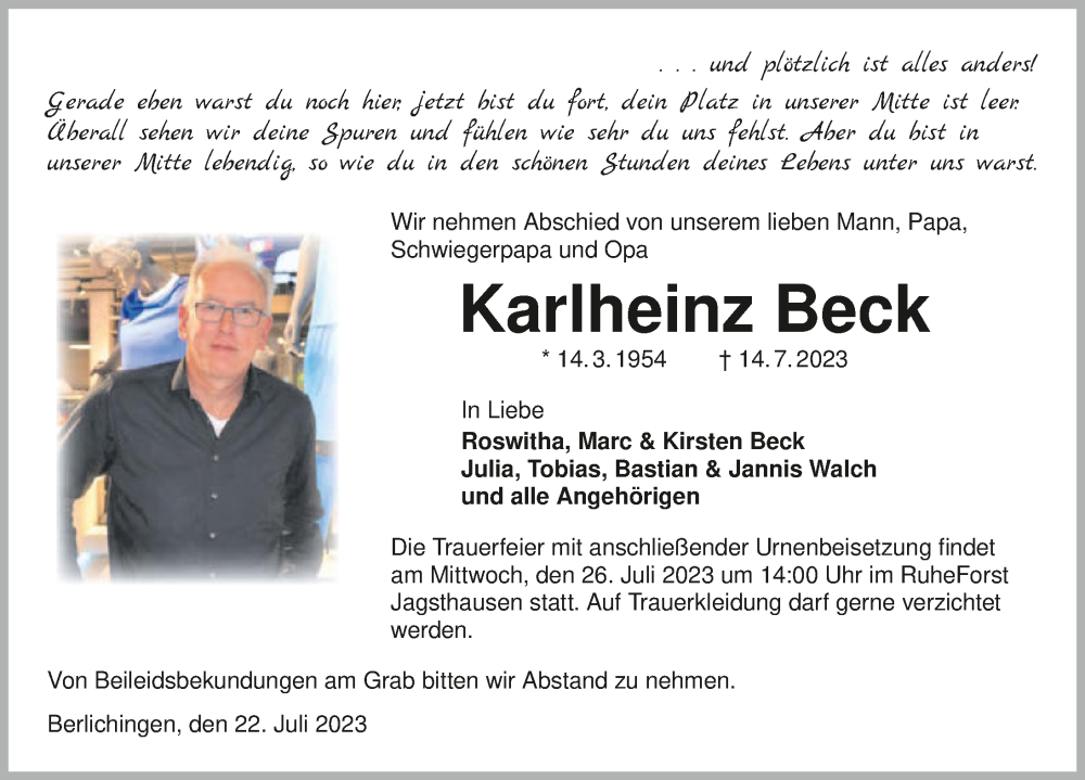  Traueranzeige für Karlheinz Beck vom 22.07.2023 aus GESAMT