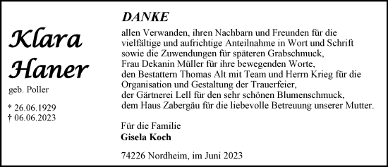 Traueranzeige von Klara Haner von GESAMT