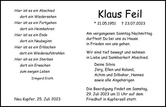 Traueranzeige von Klaus Feil von GESAMT