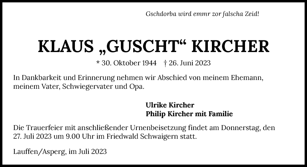  Traueranzeige für Klaus Kircher vom 18.07.2023 aus GESAMT