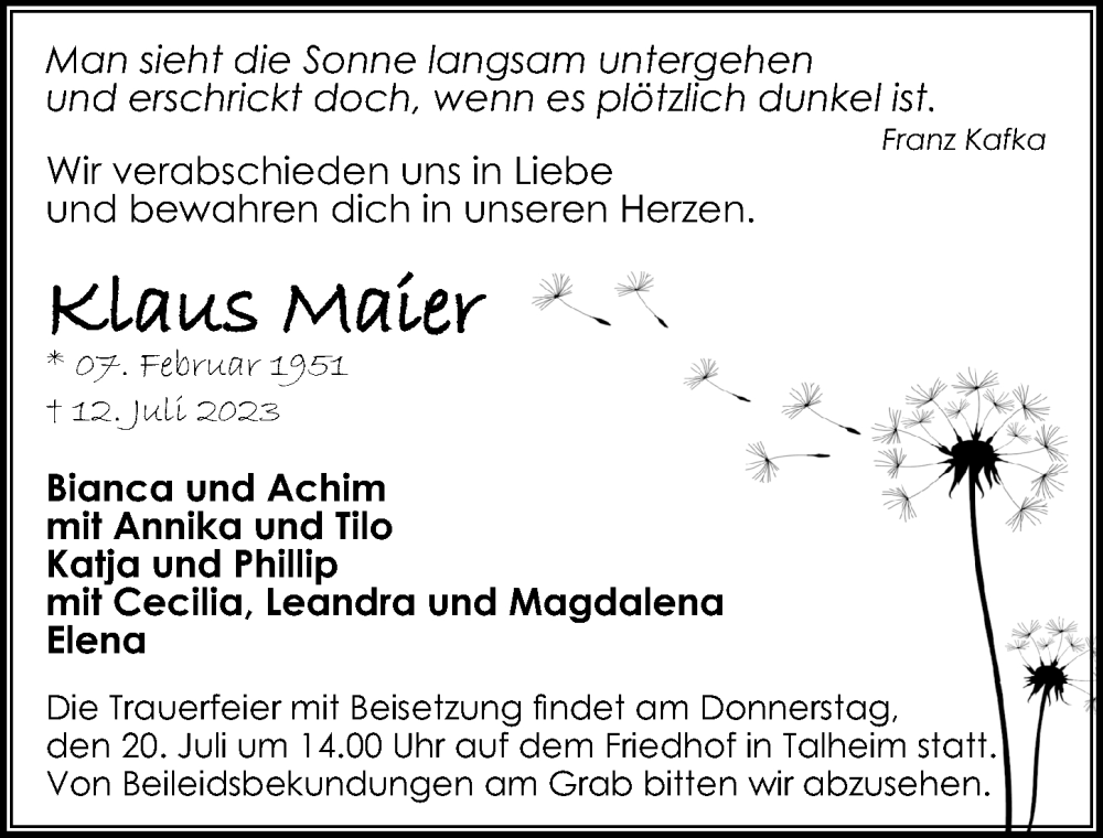  Traueranzeige für Klaus Maier vom 15.07.2023 aus GESAMT