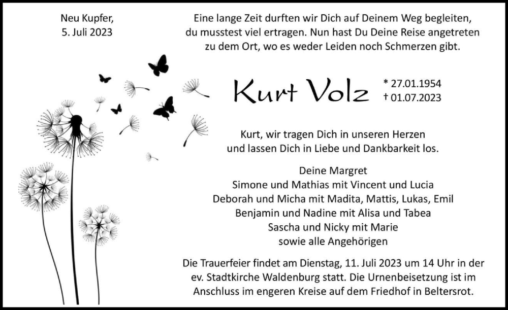  Traueranzeige für Kurt Volz vom 05.07.2023 aus GESAMT