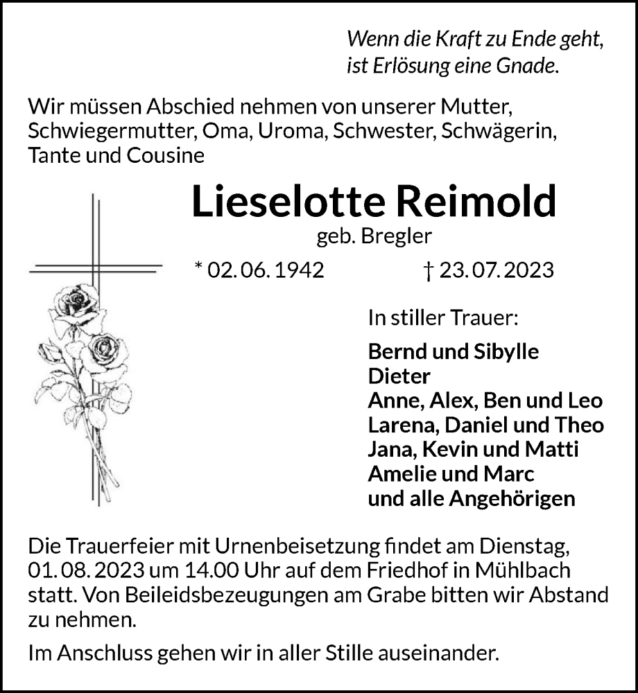  Traueranzeige für Lieselotte Reimold vom 29.07.2023 aus GESAMT