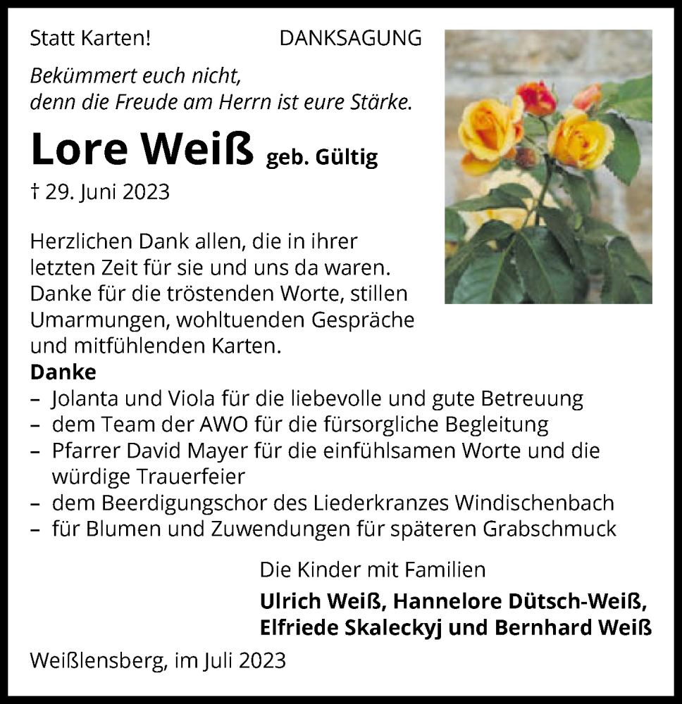  Traueranzeige für Lore Weiß vom 26.07.2023 aus GESAMT