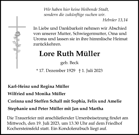 Traueranzeige von Lore Ruth Müller